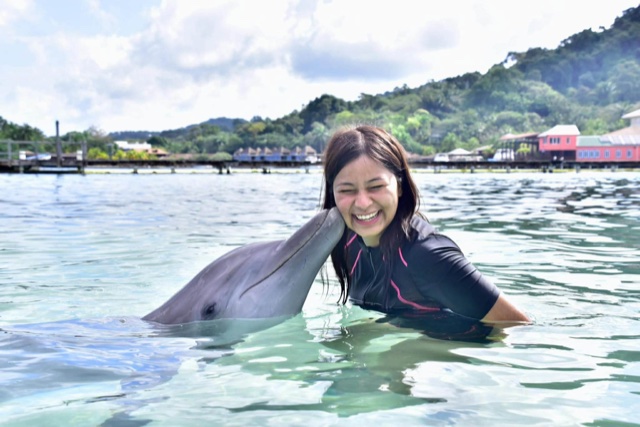 A bottlenose dolphin planting a kiss on a guest's cheek